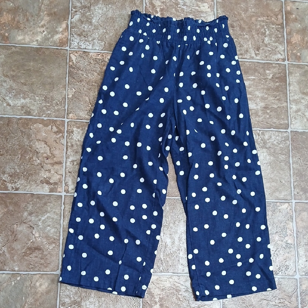 LOFT Wide Leg Petite  Dark Blue Polka Dot Pants Elastic Waist